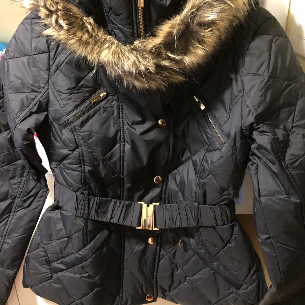 New Express black down jacket belt fur hoodie